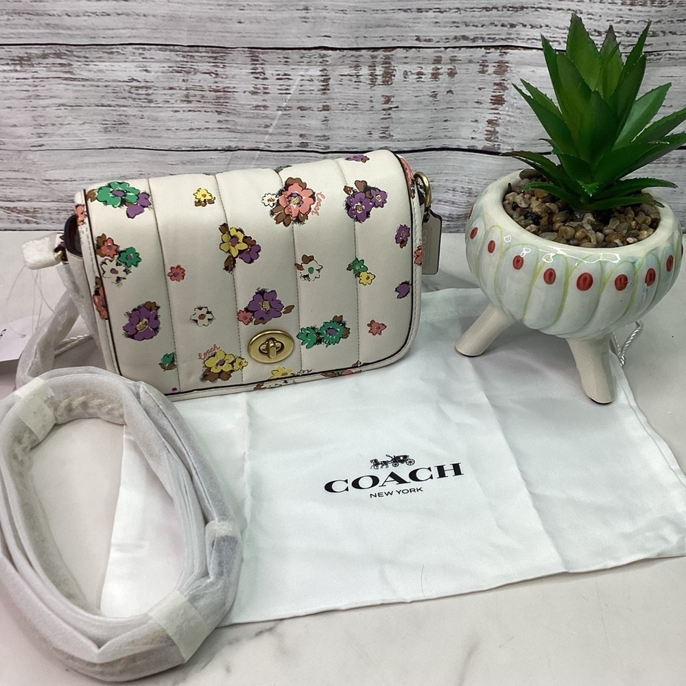 COACH DINKY 18 QUILTING FLORAL‎ BAG NAPPA LEATHER CHALK MULTI PURSE CROSSBODY - Picture 5 of 16